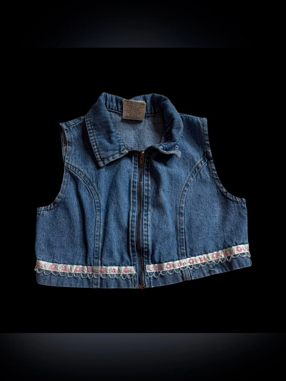 Vintage 90s Y2K California Concepts Cropped Denim Vest Zip Up Floral Trim Sz 5
